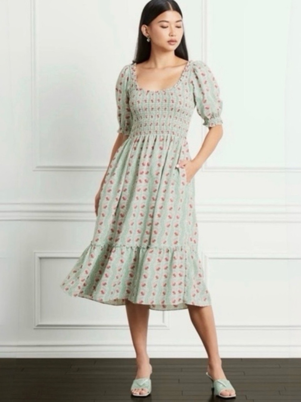 Hill House Women’s Mint Green Midi Dress with Red Floral Print